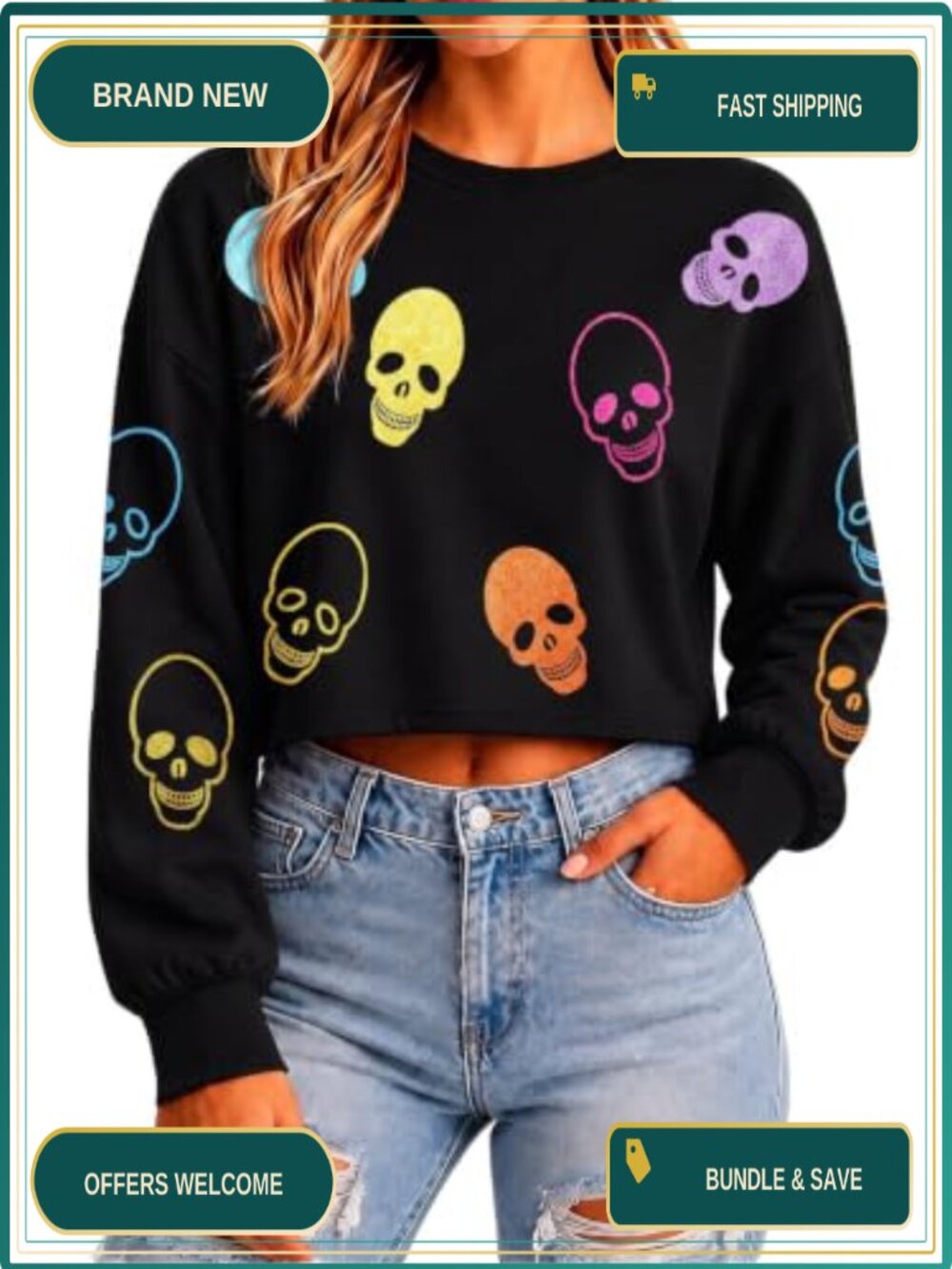 Halloween Glitter Skull Crop Sweatshirt Balloon Sleeve Pullover